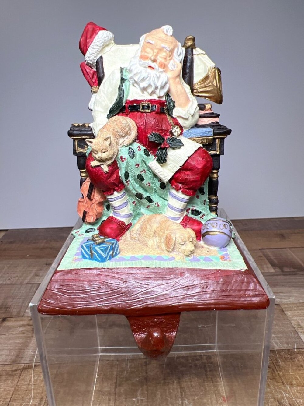 Sleeping Santa Stocking Holder Hand-Painted Resin & Cast Iron Christmas Decor